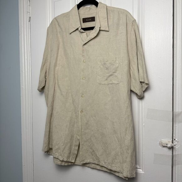 Tasso Elba Shirt Mens XL Tan Silk Linen Button Up Short Sleeve Collared *Flaw - Picture 1 of 8